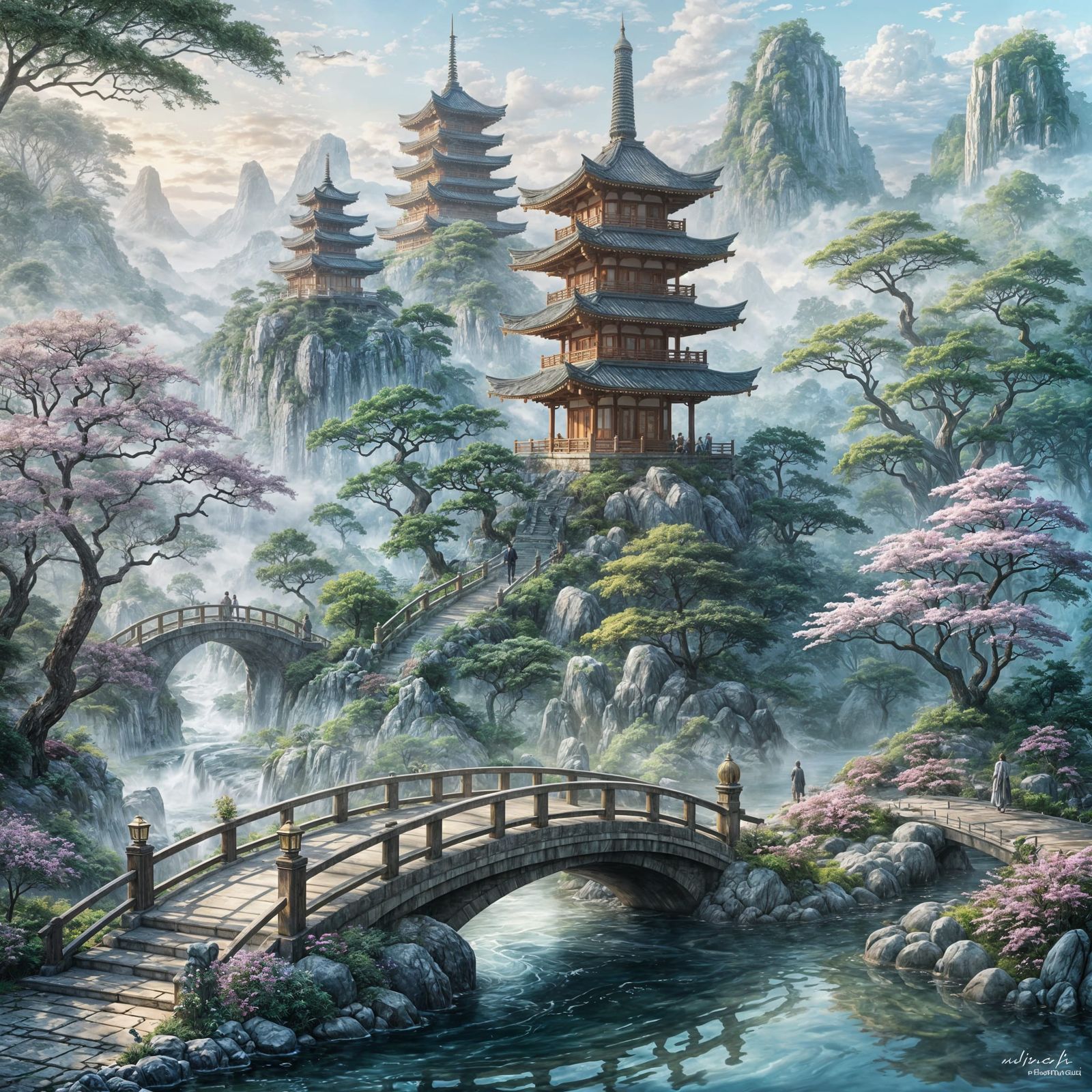 Ethereal Fantasy Pagoda on Island in Misty Japanese Landscap...