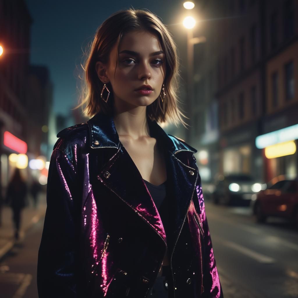 Stylish Woman Poses in Moody Urban Nightscape