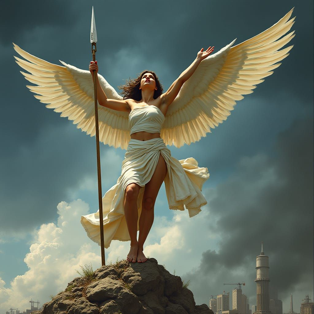 Victorious Goddess Raises Spear in Stormy Skies