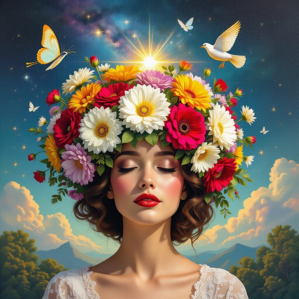 Surreal Woman with Flowers, Mushrooms and Eagle