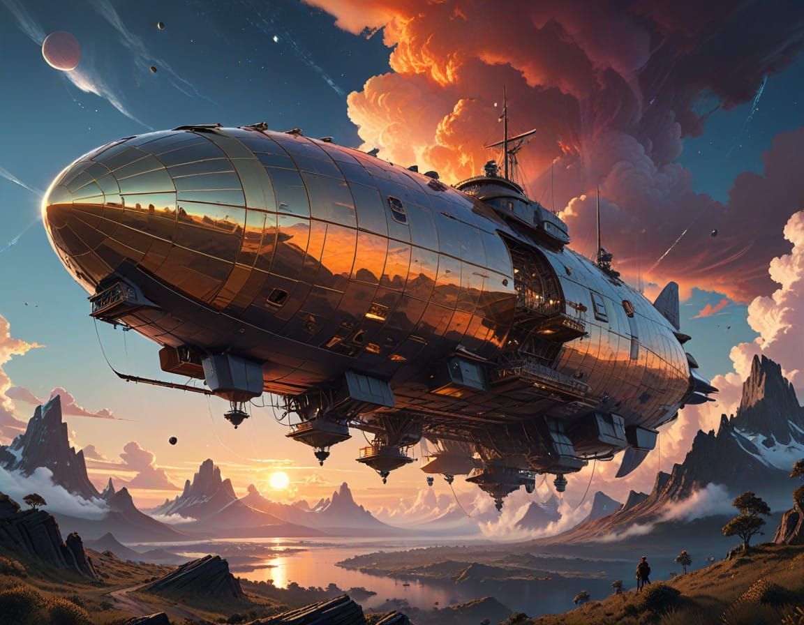 Surreal Airship Conquers the Cosmos in a Kaleidoscope of Col...