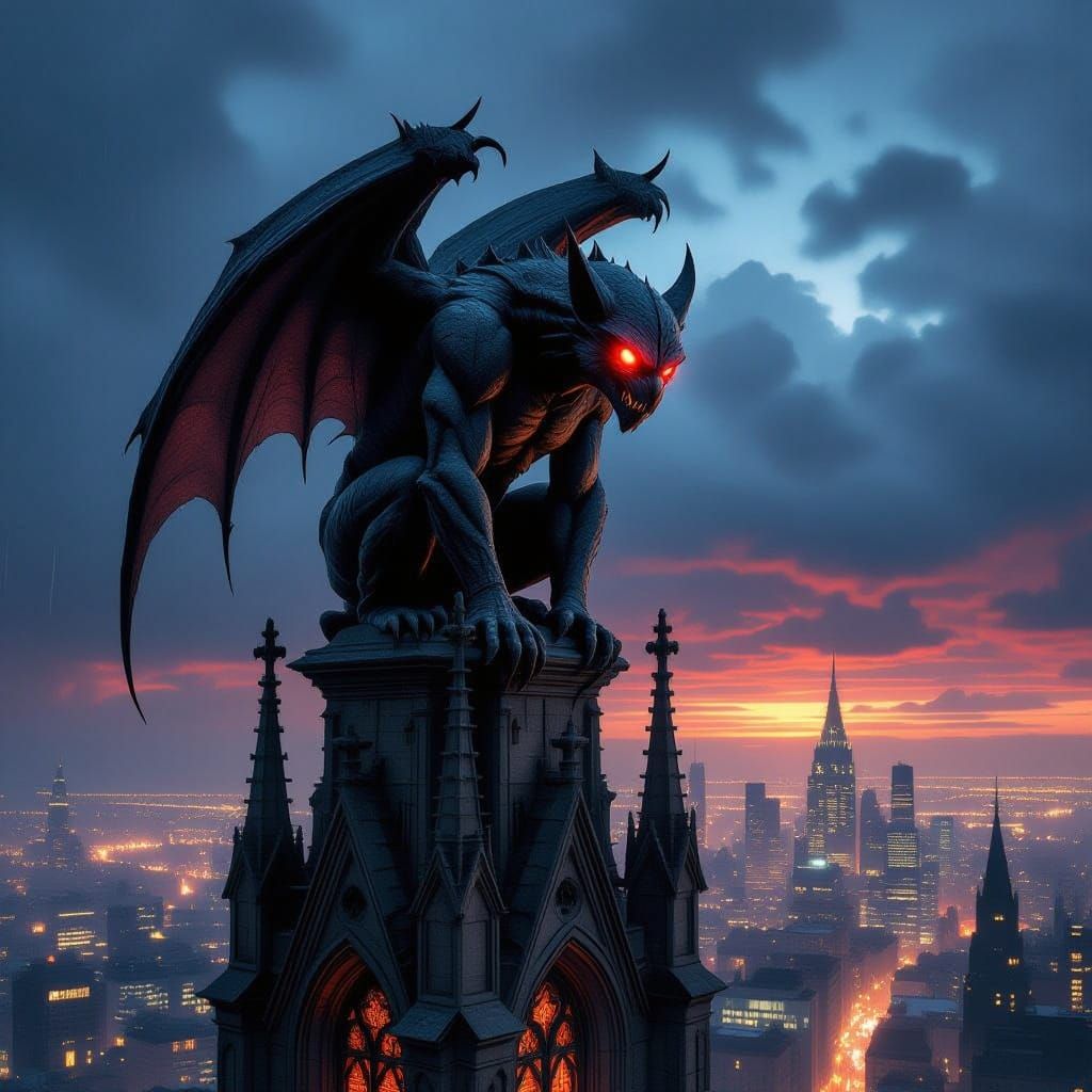Gargoyle on Gothic Spire Above Cyberpunk City
