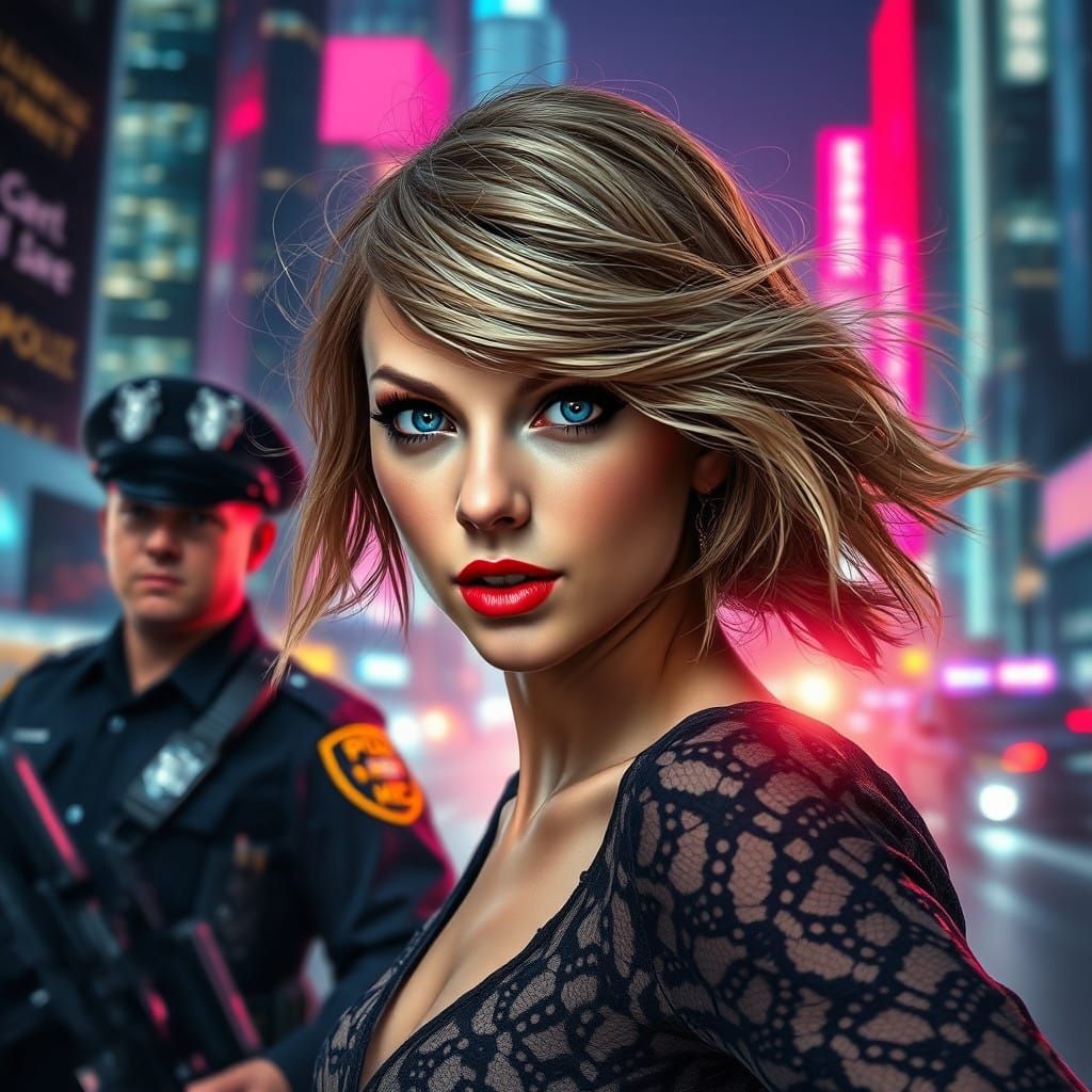 Edgy Portrait of Taylor Swift Chased by Police in Neon City