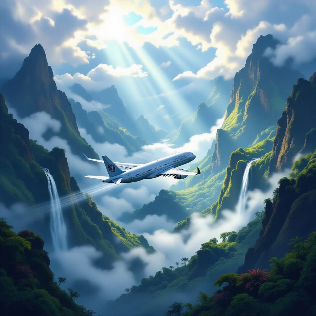 Sleek Airplane Enters Hidden Island Valley