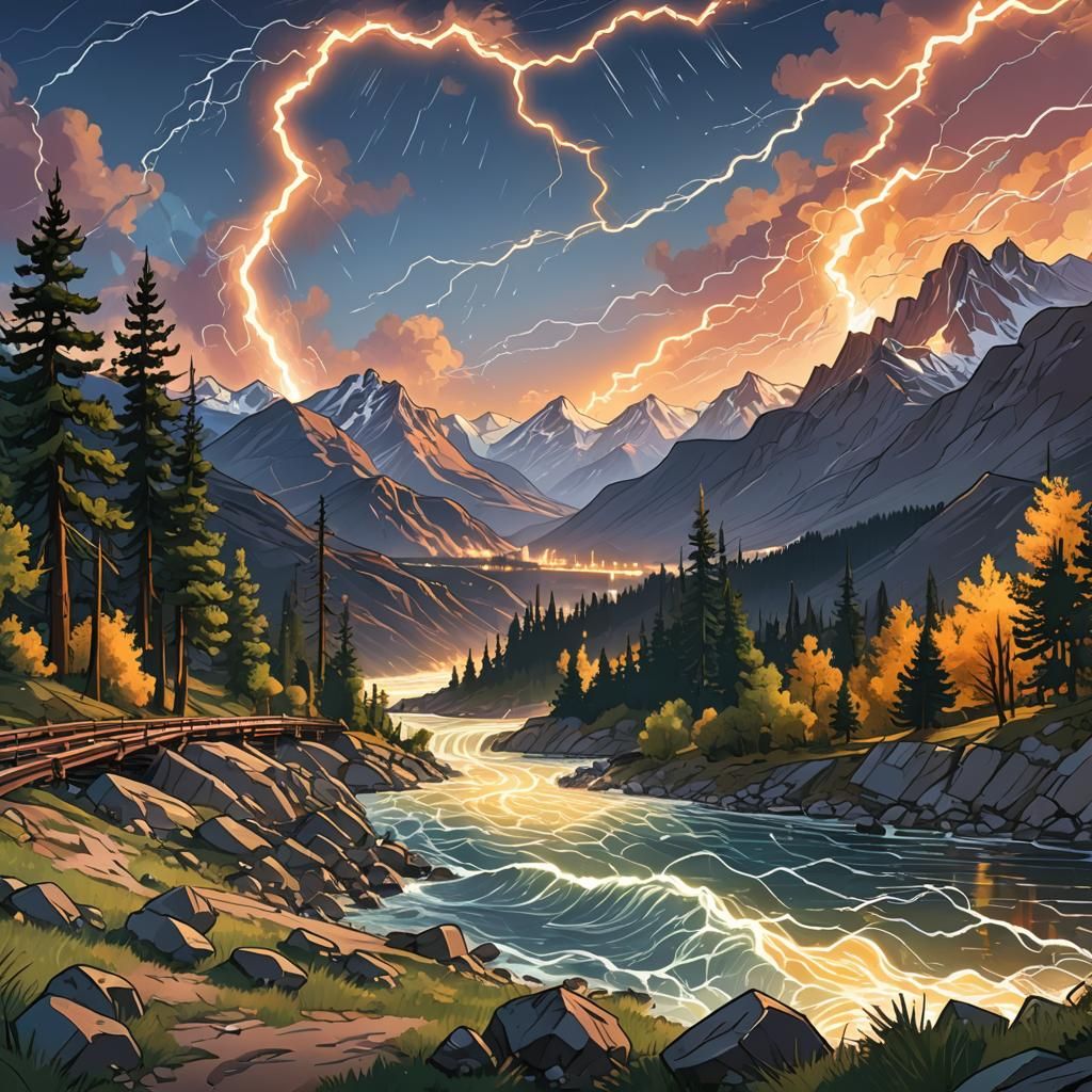 Electric Landscape: Flat Illustration in Space Art Style