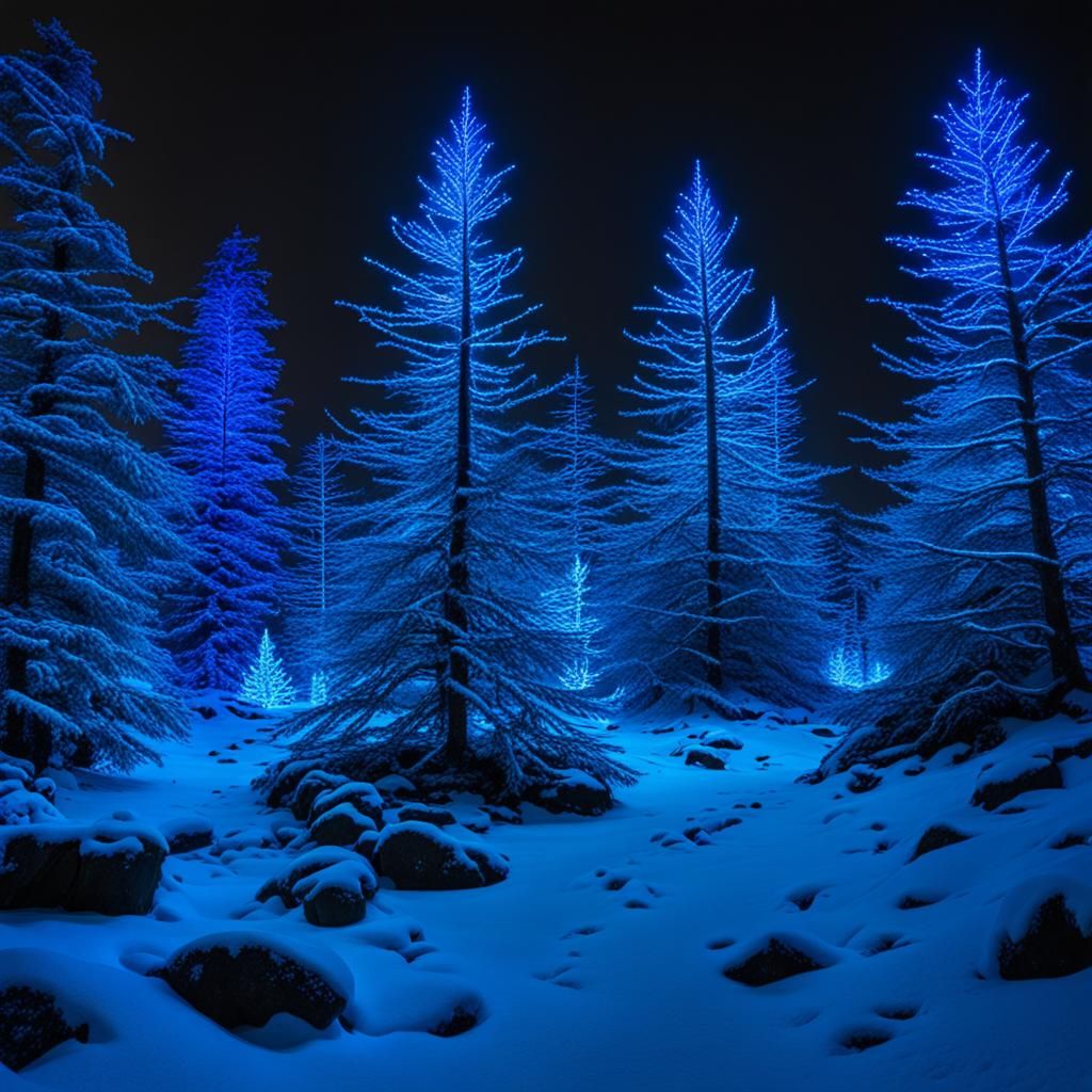 Bioluminescent Christmas Trees in Enchanted Winter
