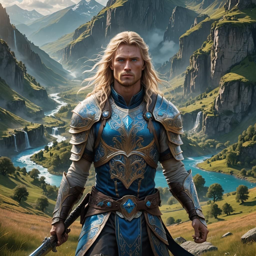 Blond Warrior in Enchanted Valley: Fantasy Art