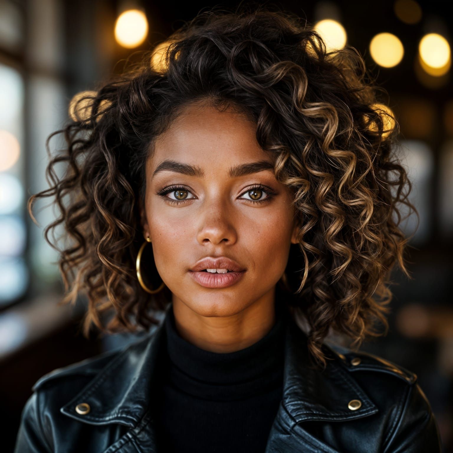 Woman's Portrait in Moody Night Café