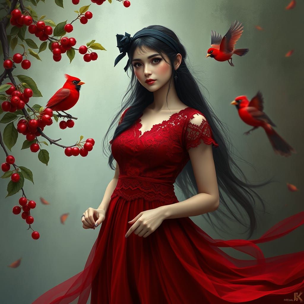 Highly realistic sureal image of a woman wearing a headband in a colour of black, she wears a red lace top and red skirt...