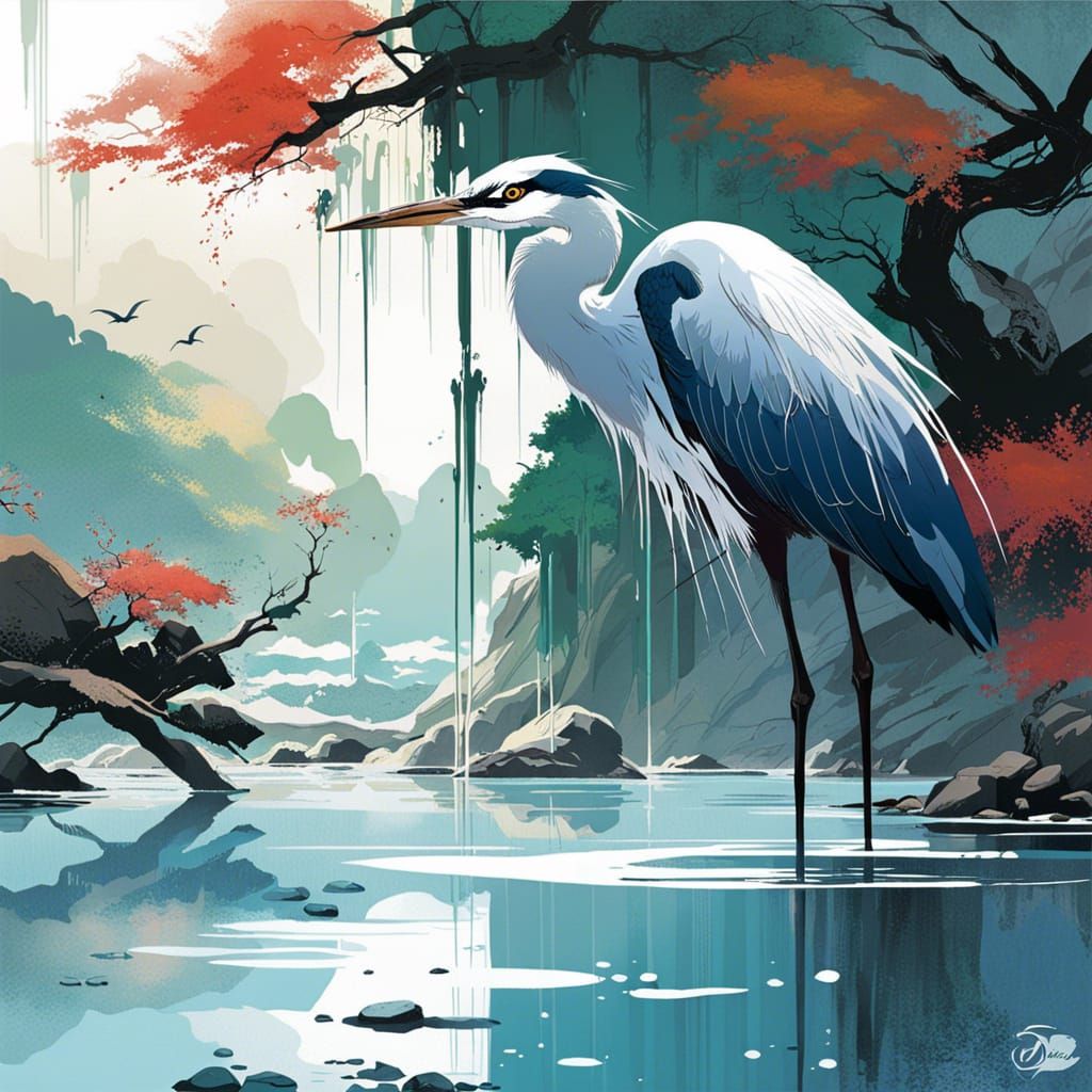 Heron in Japanese Lagoon: Manga Style