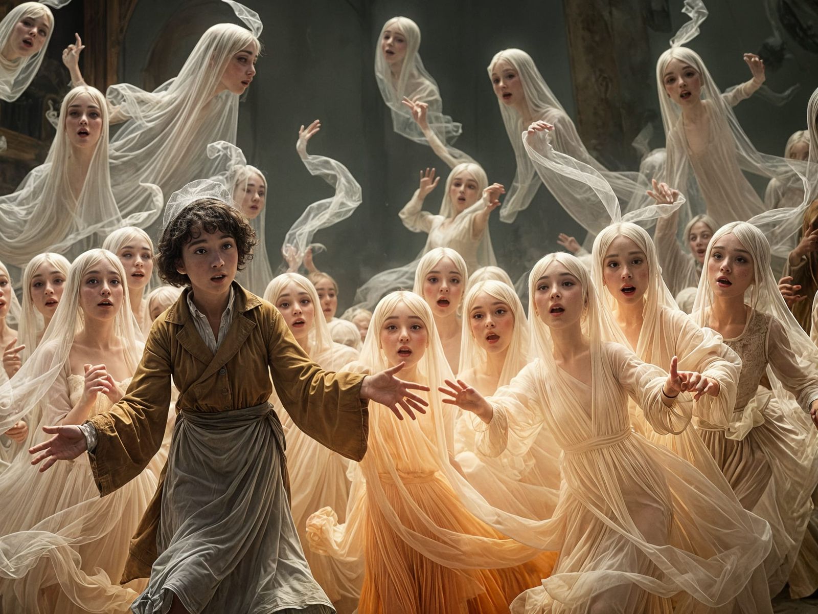 Whimsical Gathering of Ethereal Ghosts in Lively Dance