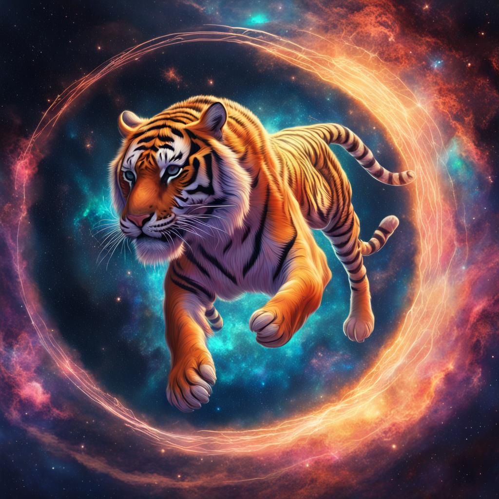 Tiger Leaping from Cosmic Portal: Holographic Illustration
