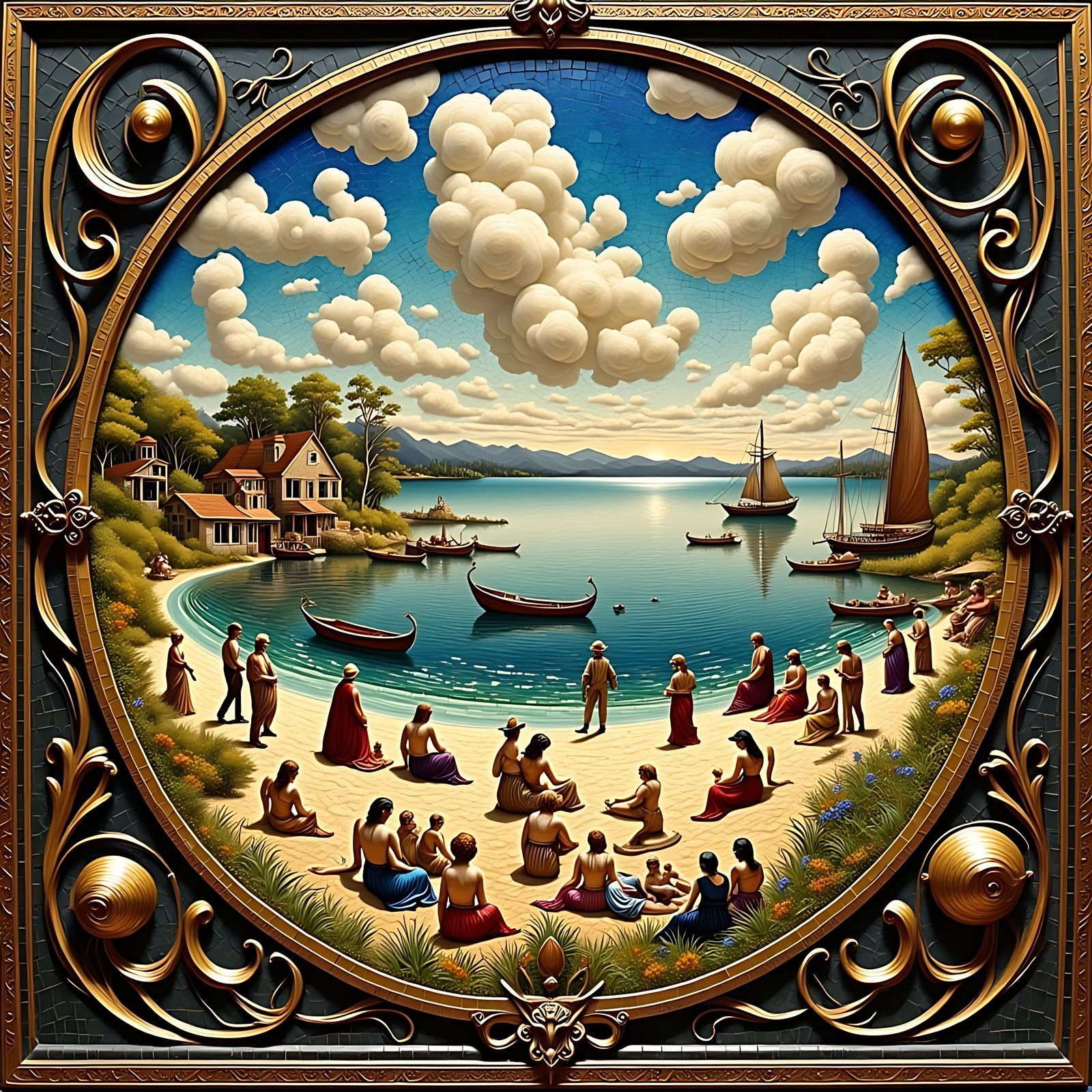 Realistic Mosaic Beach Scene with Ancient Parchment Backgrou...