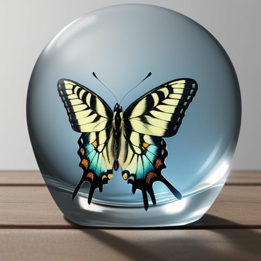 A swallowtail butterfly in a glass paperweight on a desk, ambient light, spotlight, hyperdetailed.