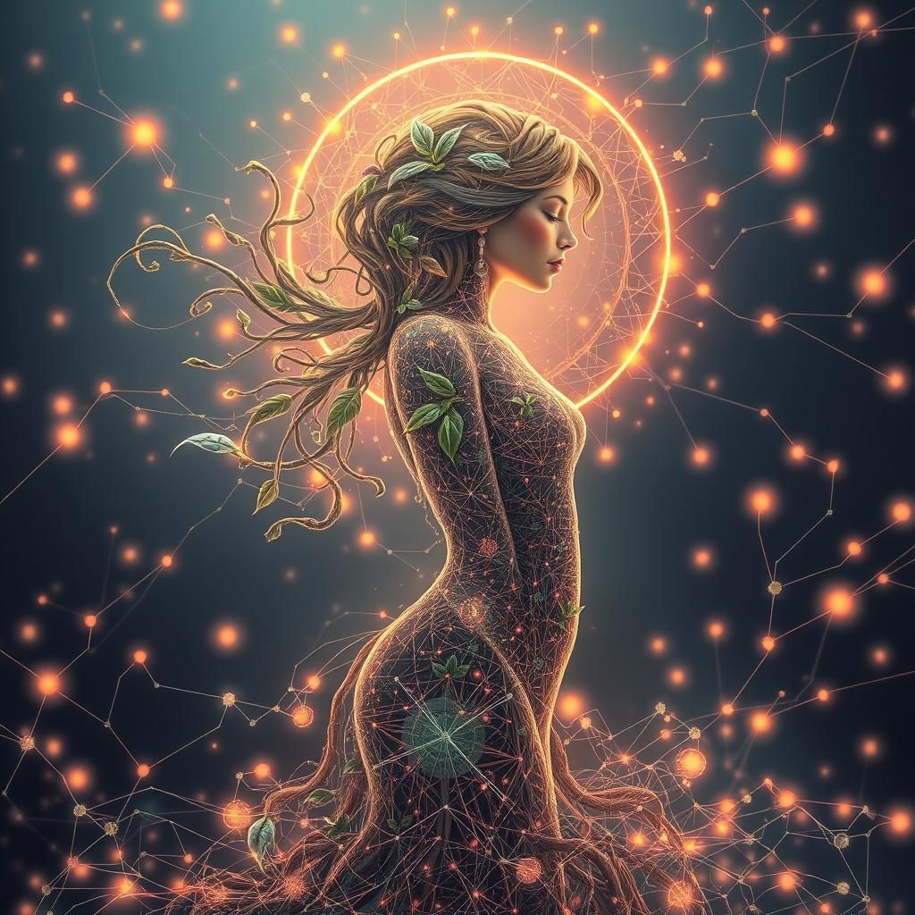 Ethereal Woman with Interconnected Leaves and Circuits
