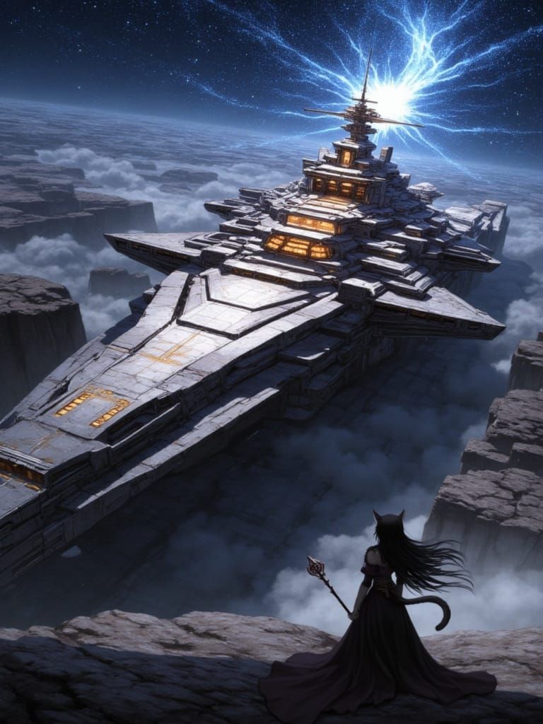 Fantasy Space Battleship in Cosmic Expanse