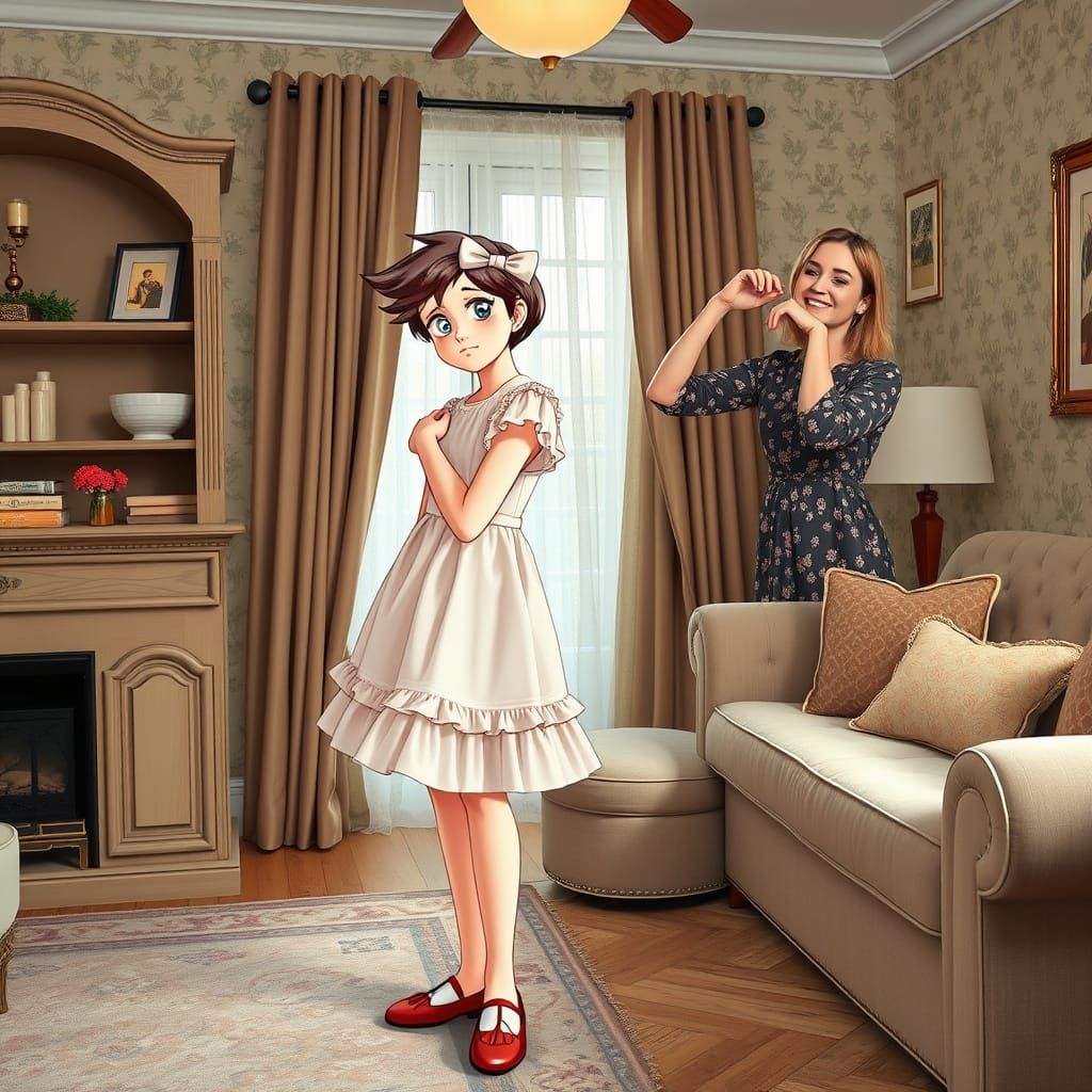 Young Man in Frilly Dress Dusting Shelves