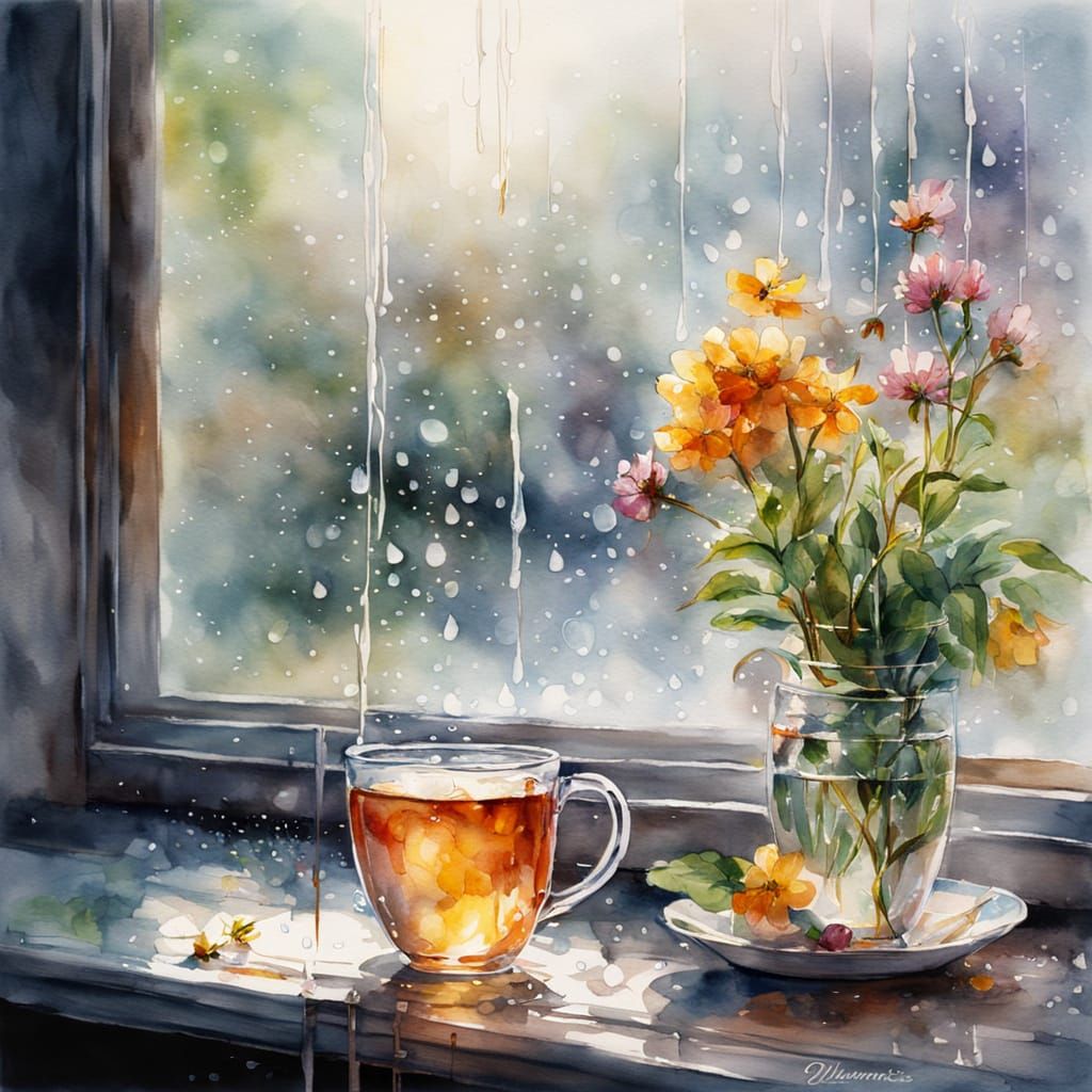 Steaming Tea Cup Watercolor Art on Rainy Day