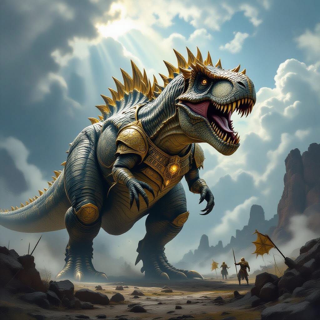 Colossal War Dinosaur in Golden Armor on Misty Battlefield