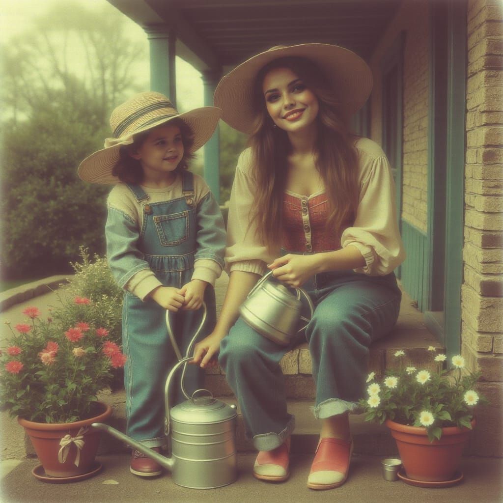 Woman and Child Gardening: Vintage Polaroid Style