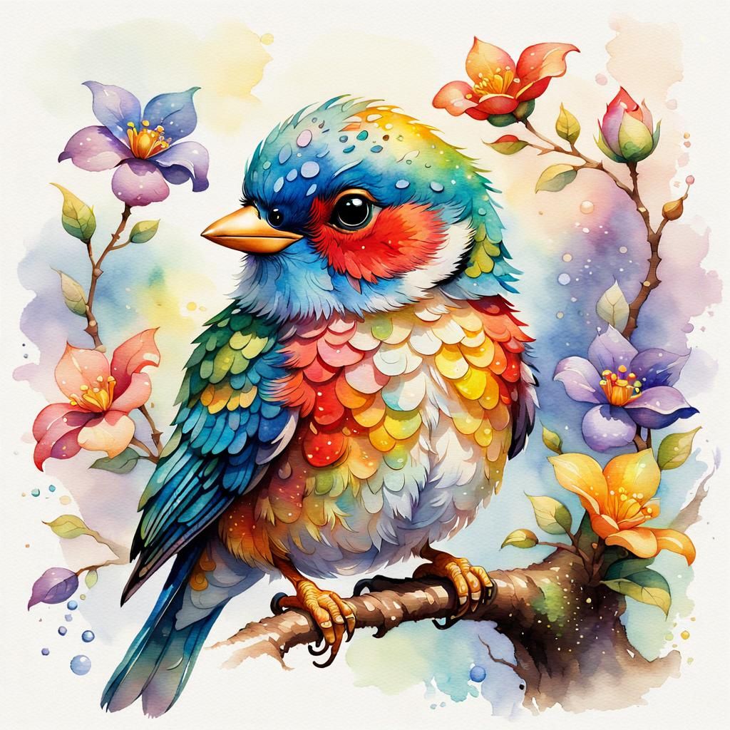 Colorful Chibi Bird in Storybook Watercolor Style