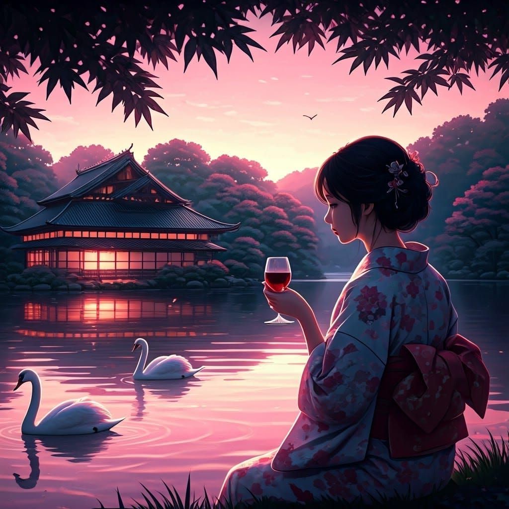 A dark, vague, indistinct, shadowed, silhouetted shadowy shape of a Japanese woman, dressed in a kimono with an indistin...