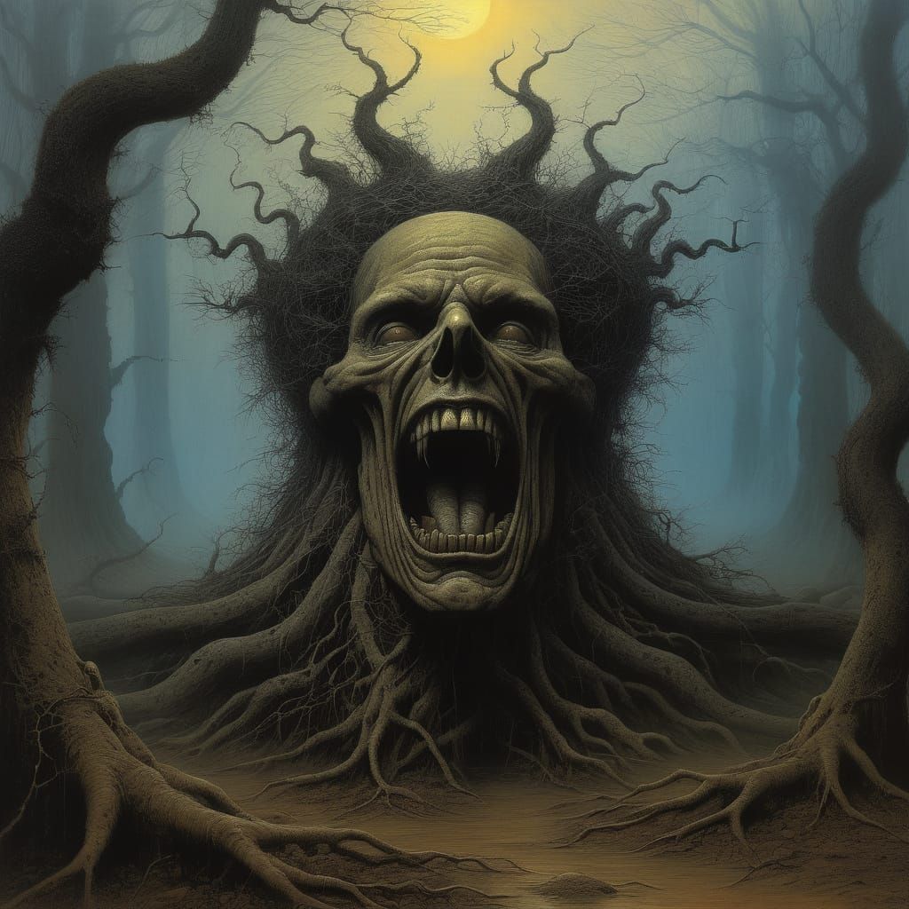 Gnarled Roots Form a Grotesque, Screaming Face in Dark Fanta...