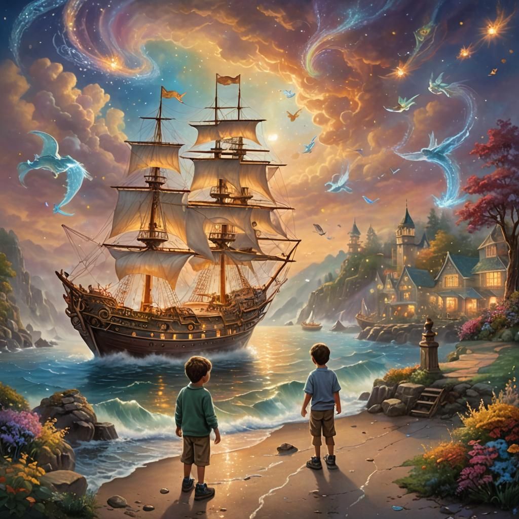 Magical Ship Painting in Dreamy Whimsical Style