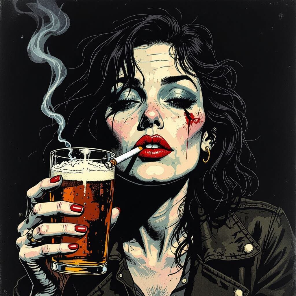 Gritty Film Noir Portrait of Woman with Beer