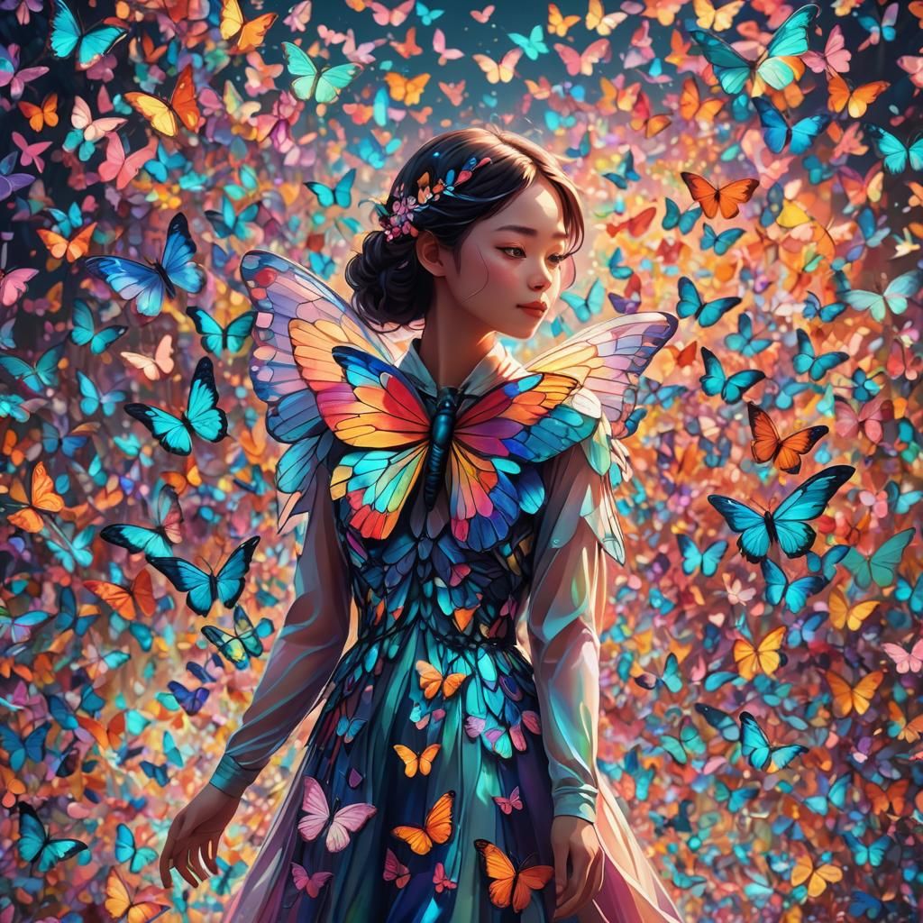 Human Butterfly with Iridescent Wings in Digital Art