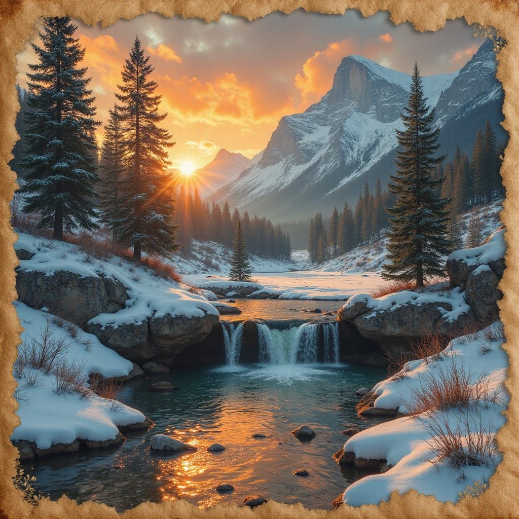 Winter Sunset Over Mountain Spring on Ancient Parchment