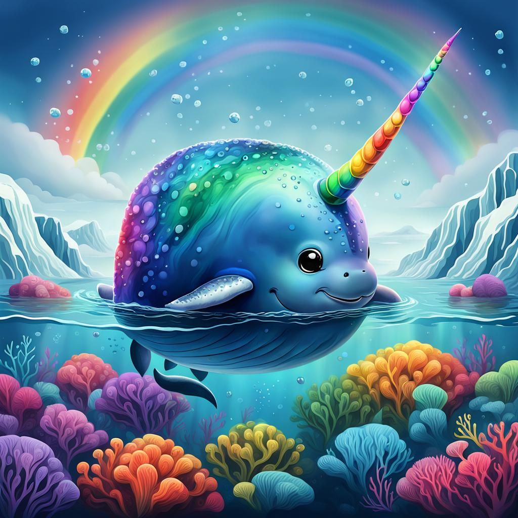 Rainbow Narwhal Swimming in Arctic Ocean