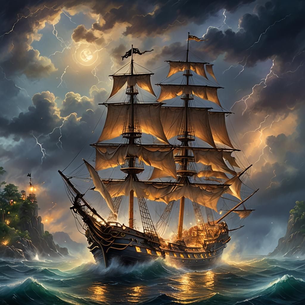 Pirate Ship Sailing Through Misty Waters