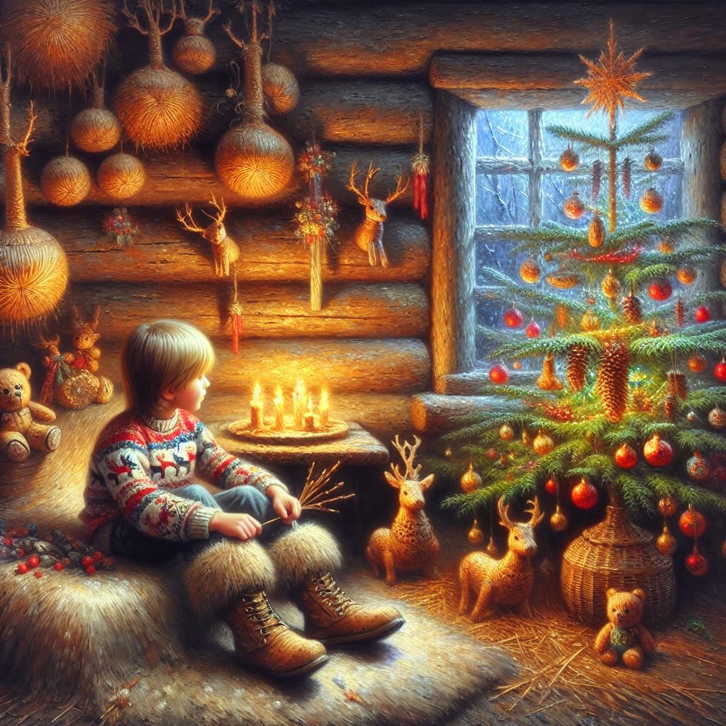 Whimsical Christmas Scene in Old Master's Oil Painting Style