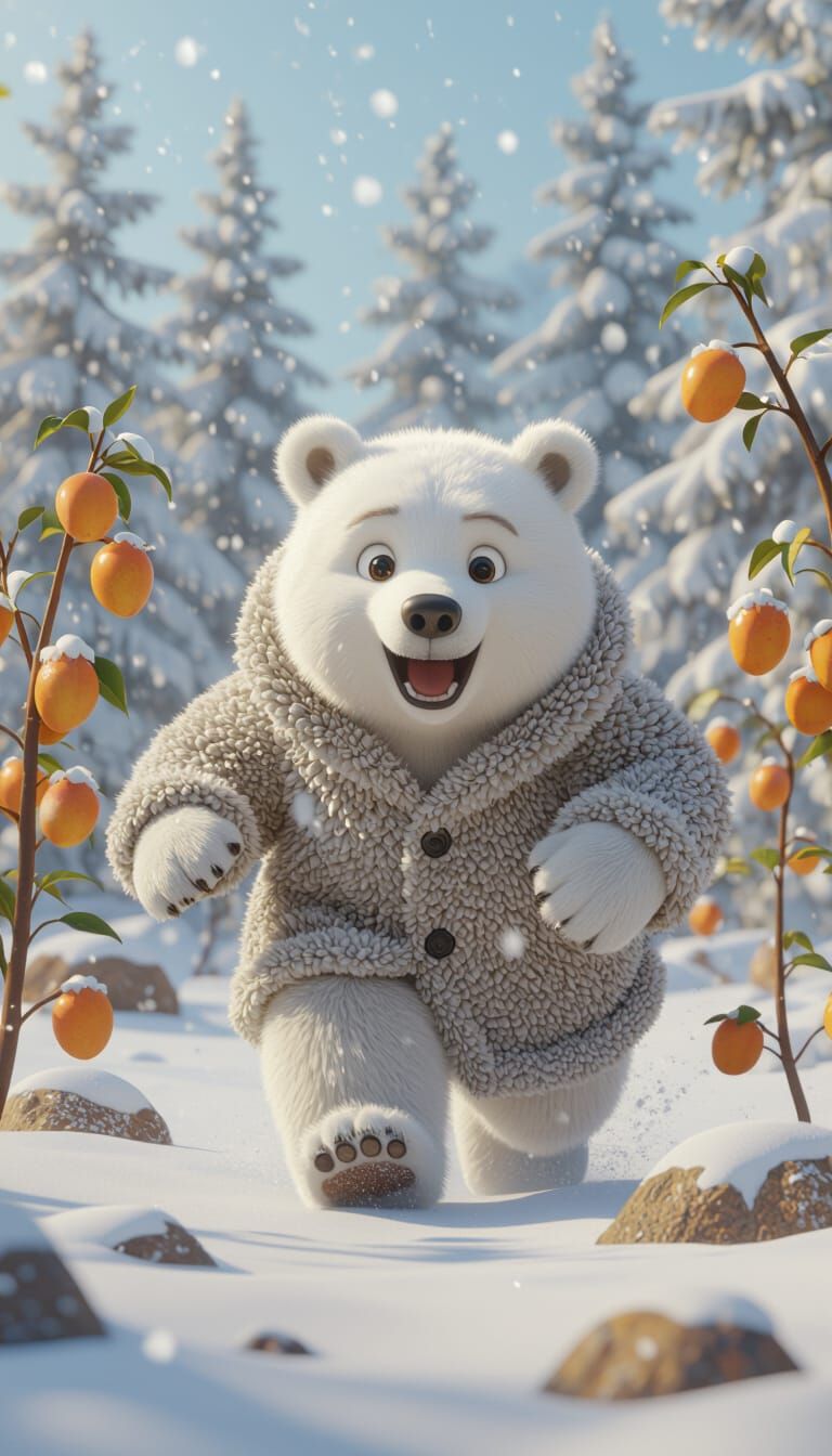 White Bear Rushing Towards Mango Saplings in 3D Cartoon Styl...