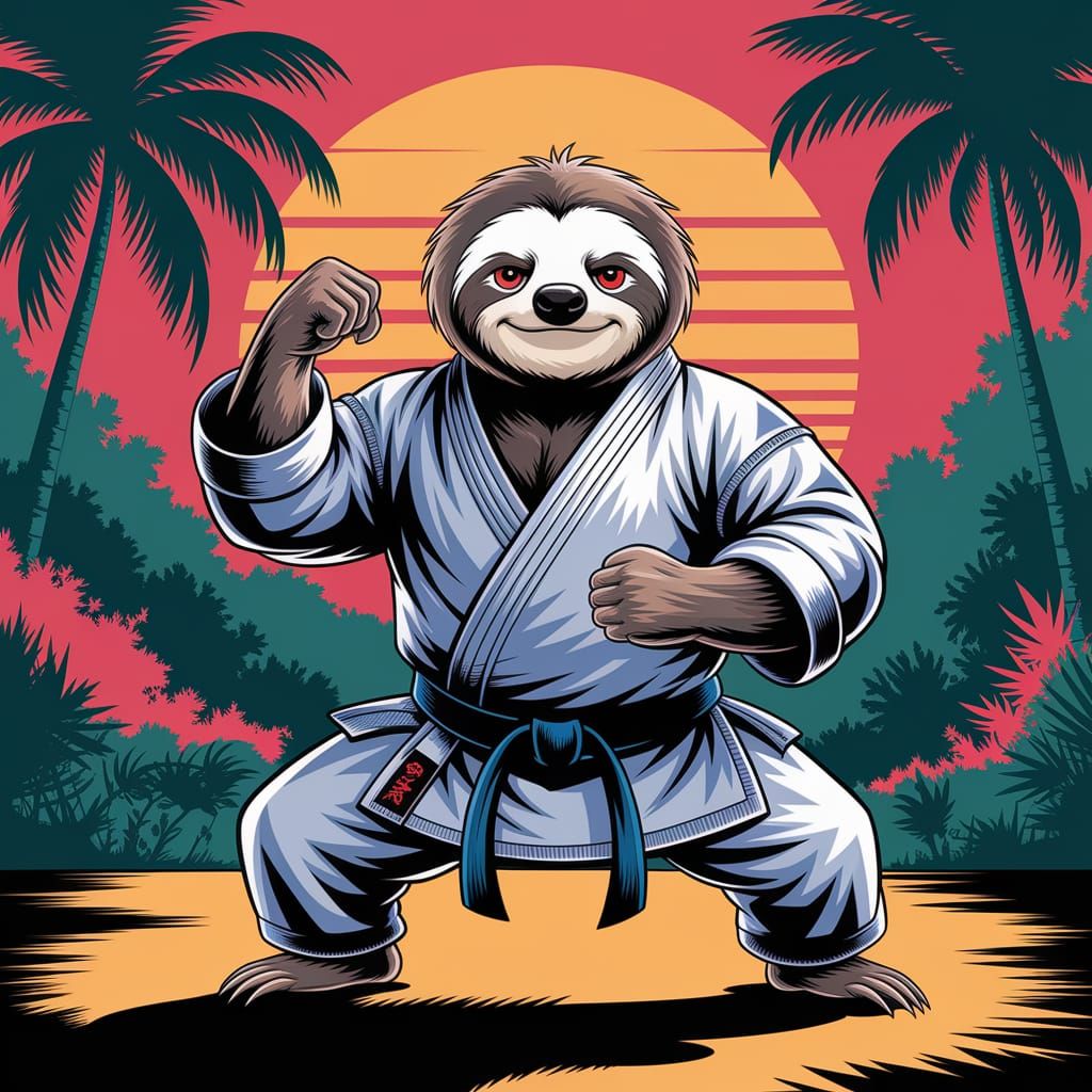 Muscular Karate Sloth in Tropical Sunset Digital Art