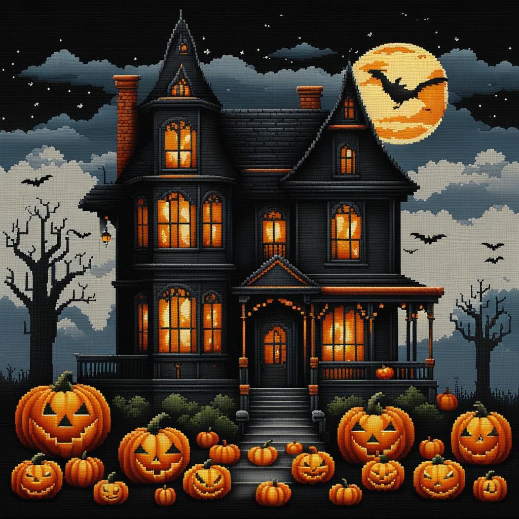 Halloween House in Cross Stitch Style
