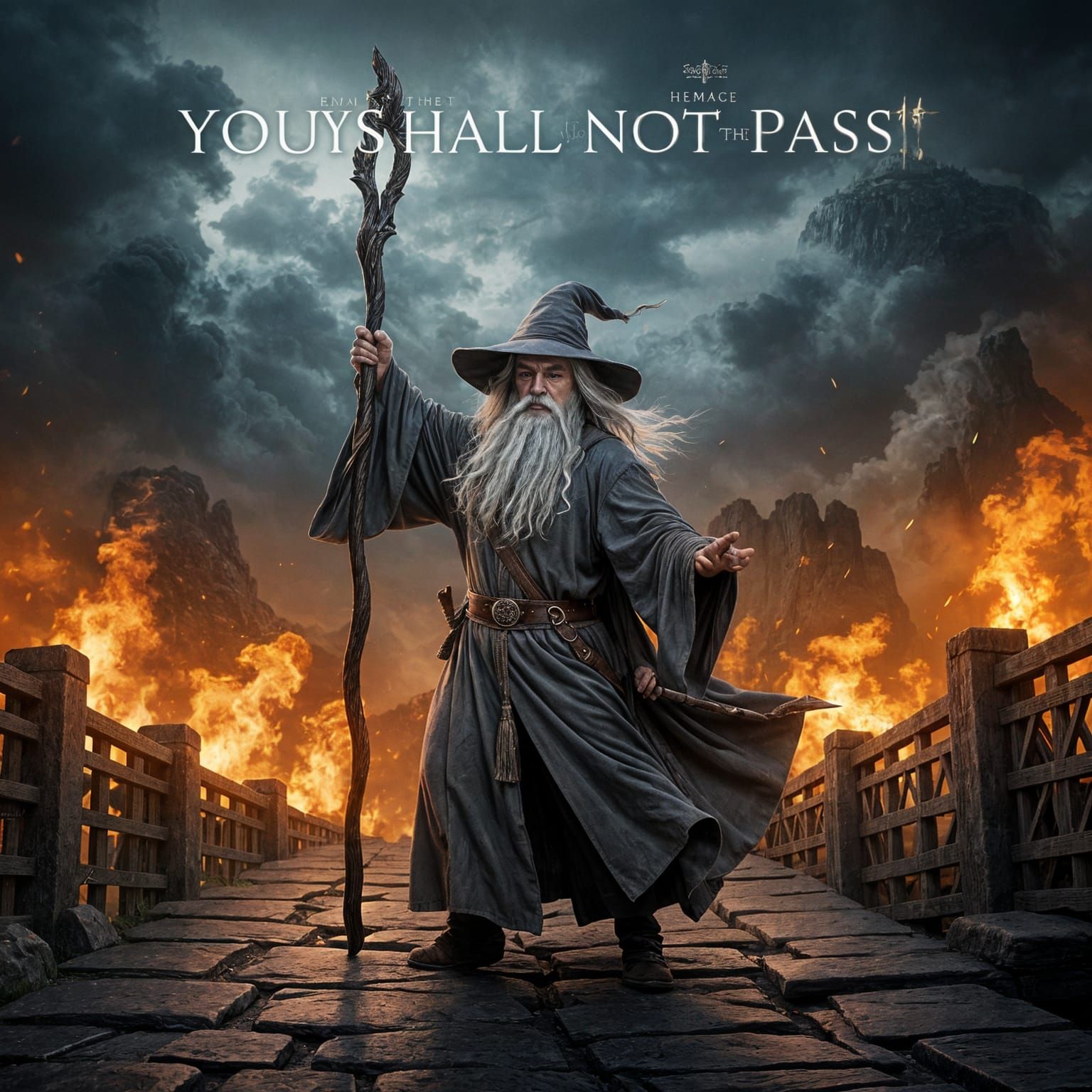 Epic Fantasy Wizard on Bridge in Hyper-Realistic Style