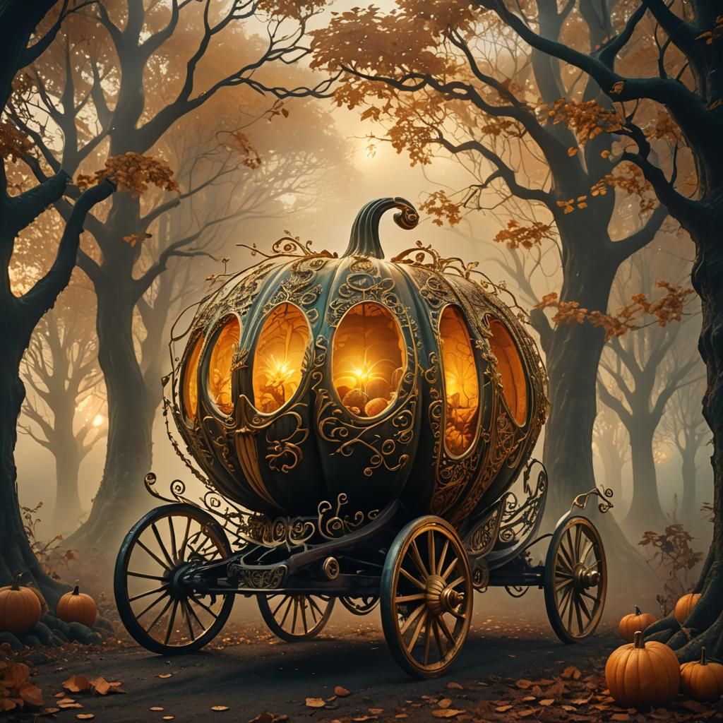 Pumpkin Carriage Drives Through Mystical Forest