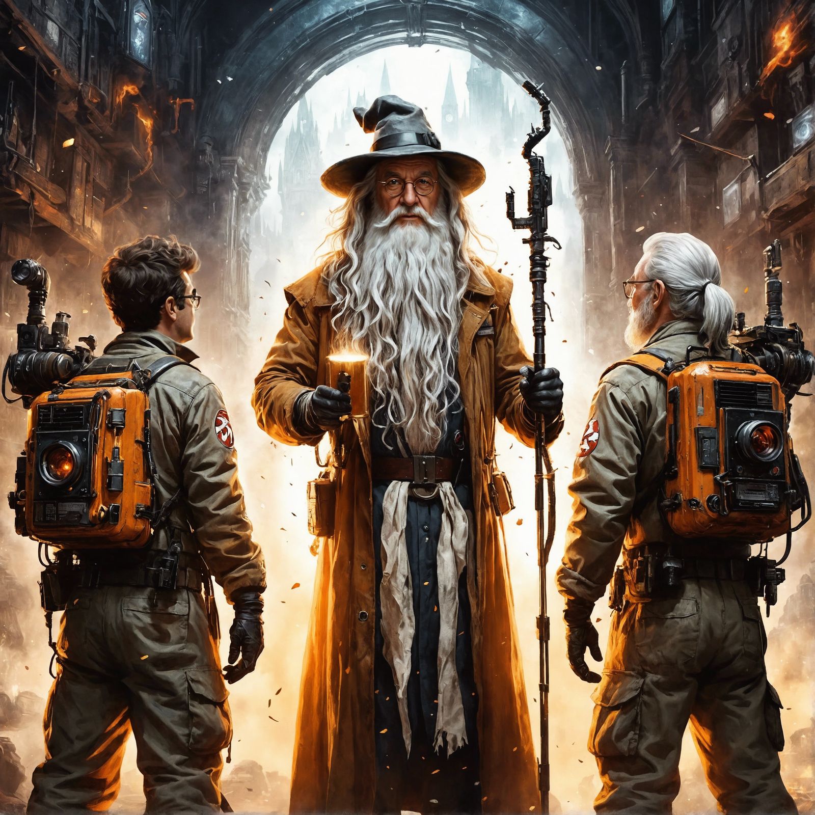 Ghostbusters and Gandalf in Detailed Illustration