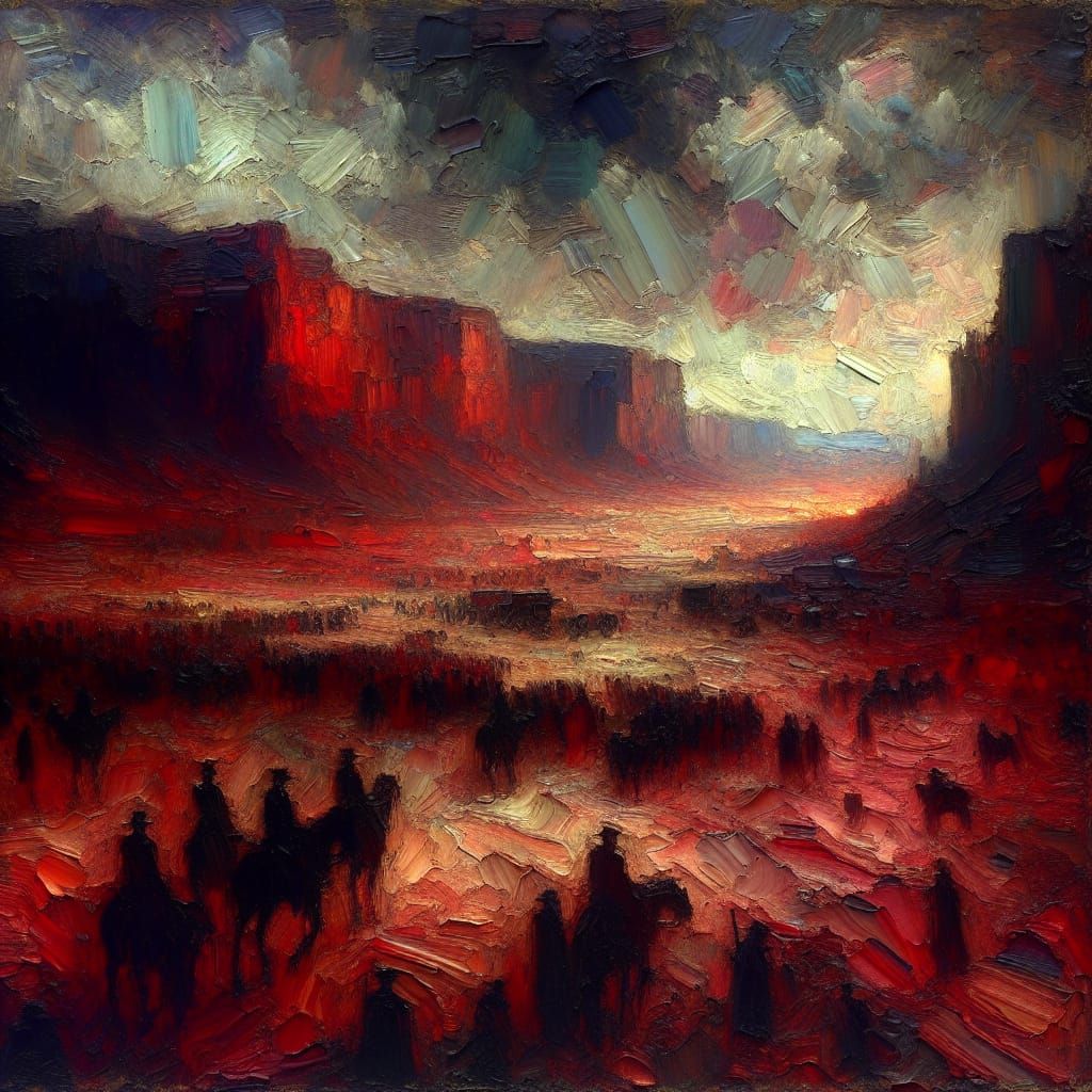 Expressionist Red Desert Landscape Painting with Solitary Fi...