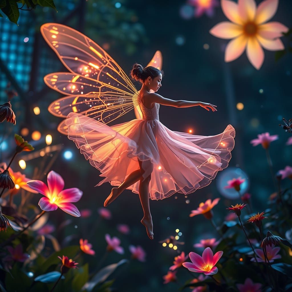 Elegant Firefly Dancer in a Whimsical Garden