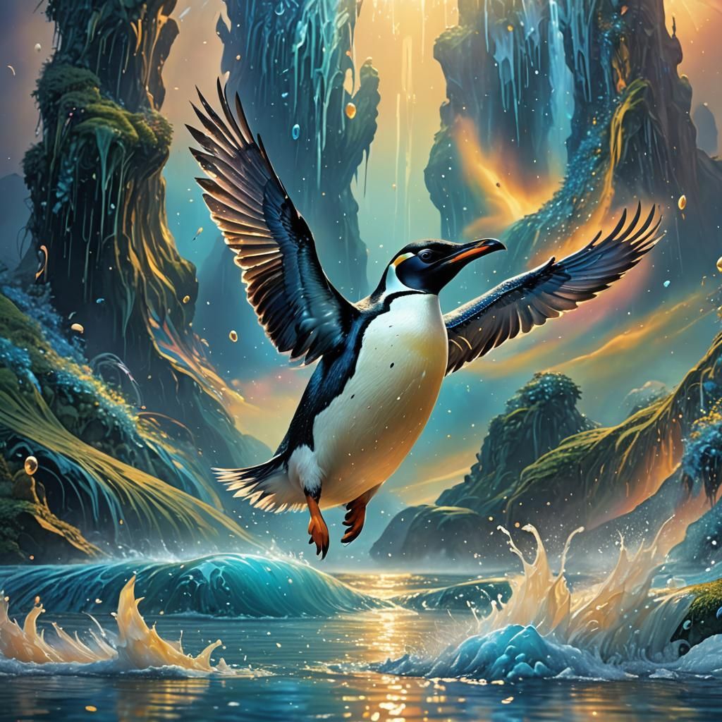 Penguin Soaring in Mystical Dreamscape as Matte Painting