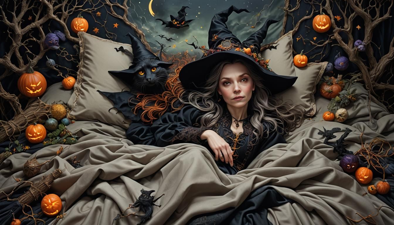 Anthropomorphic Witch in Bed: Fantasy Realism CGI Art