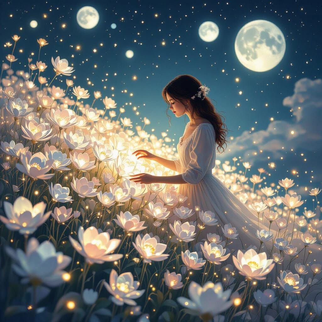 Woman Tending Crystal Flower Garden in Dreamlike Style