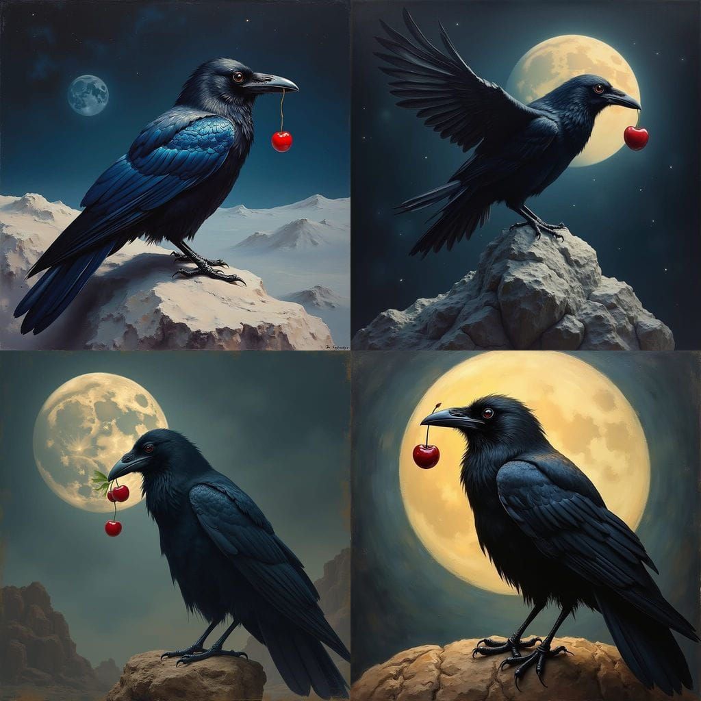 Ethereal Raven Perched on Lunar Surface with Cherry