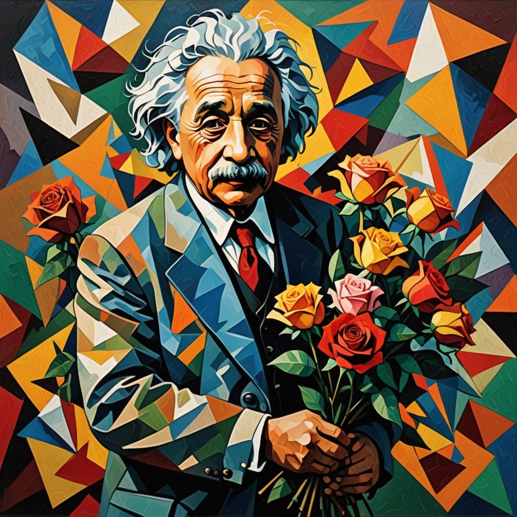 cubist Einstein with roses