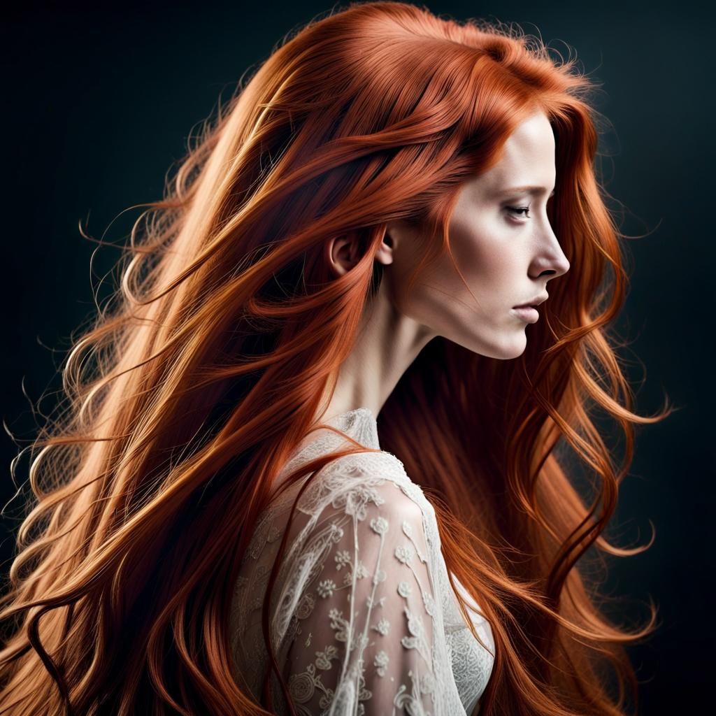 Surreal Portrait of Woman with Flowing Red Hair