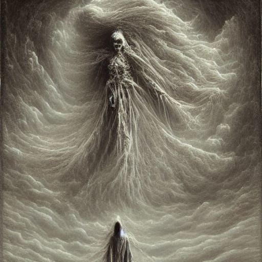 Skeletal Woman on Phantom Ship in Cosmic Nebula