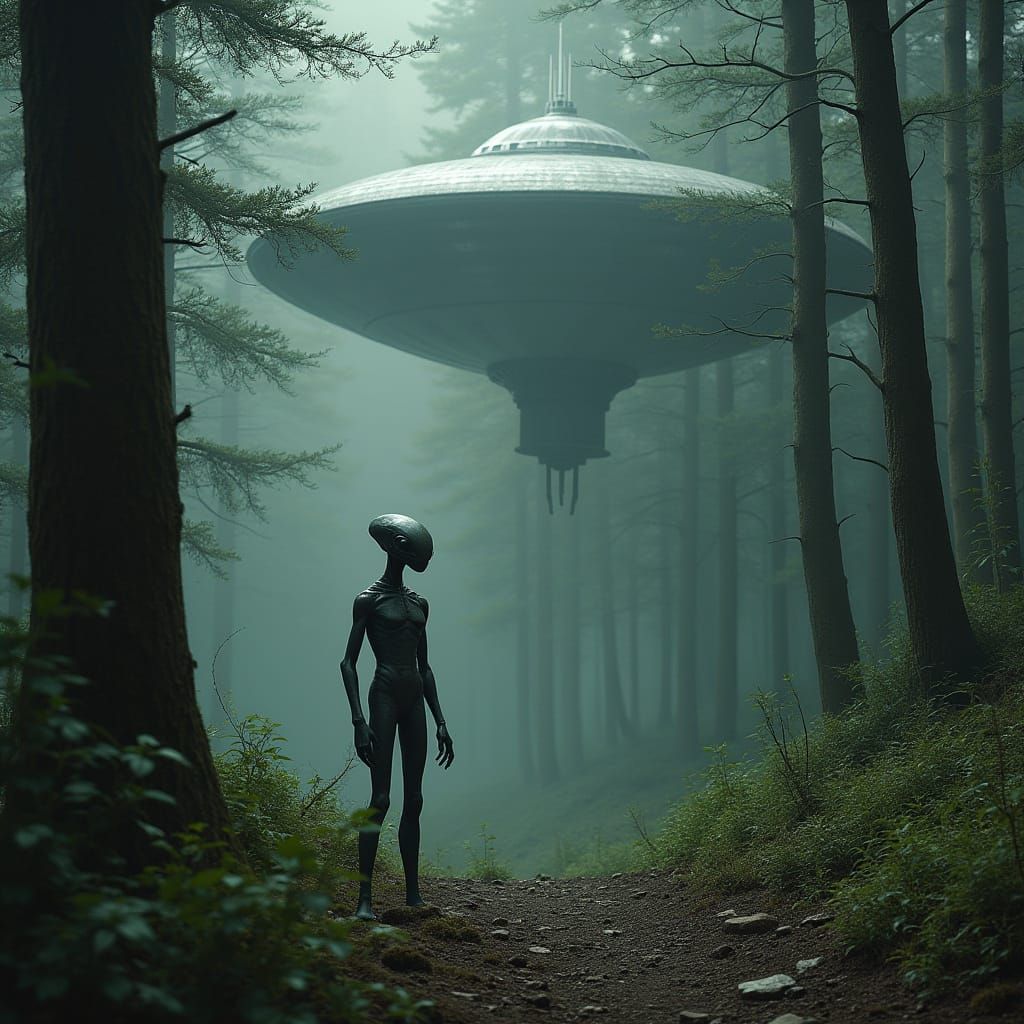Alien in Forest with Spaceship, in Sci-Fi Style
